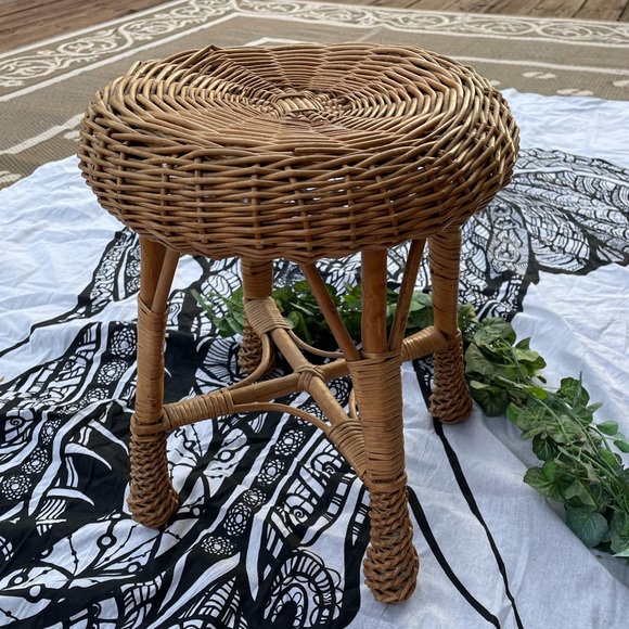 Vintage bohemian wicker rattan plant stand 1970s